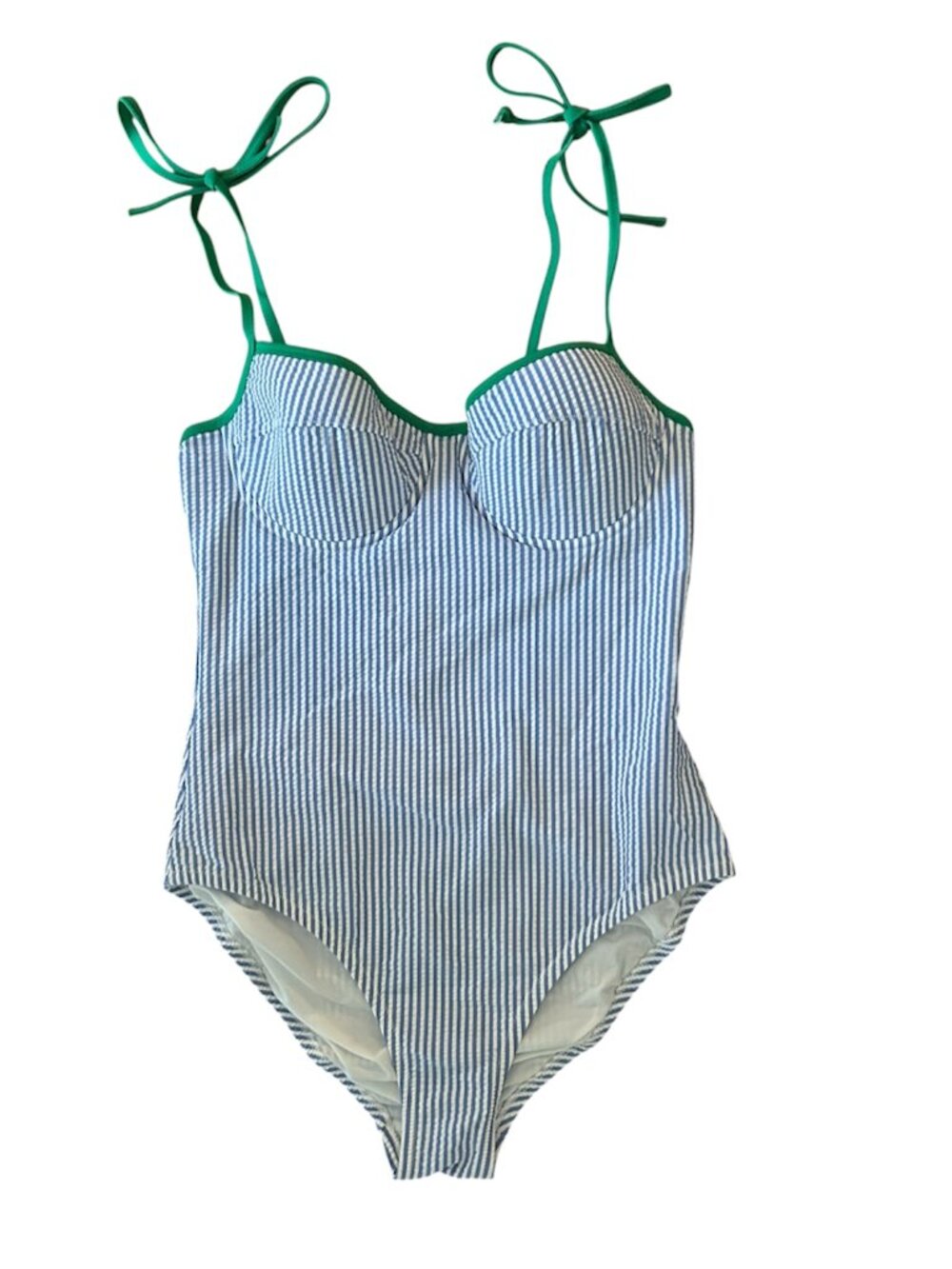 J. Crew Tipped Seersucker Underwire Shoulder-Tie One-Piece Swimsuit Size 8 Pinup